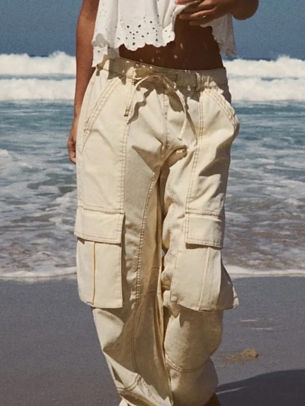 Zara Bone Utility Cargo Pants ~ Wide Leg - Picture 3 of 13